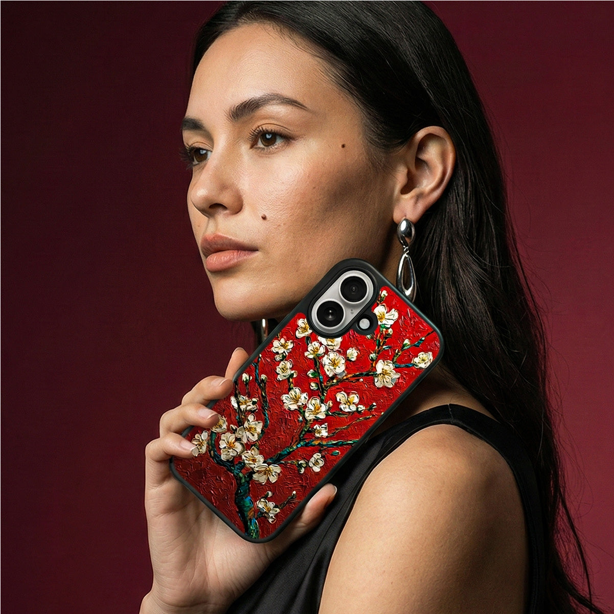 Aesthetic Crimson Blossom art-led phone case held in hand — Case Collection