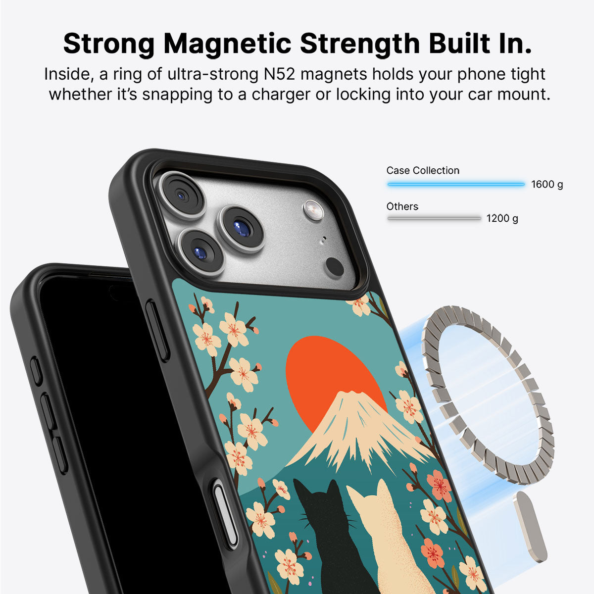 Strong magnetic strength built in — N52 magnet ring with 1600g hold in a Case Collection MagSafe iPhone case