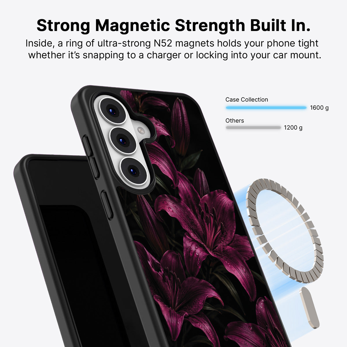 Samsung Galaxy S26 Qi2 magnetic case with N52 magnets – Burgundy Lily design