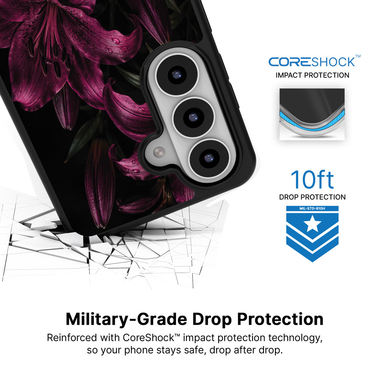 Burgundy Lily Samsung Galaxy S26 case with 10ft military-grade drop protection