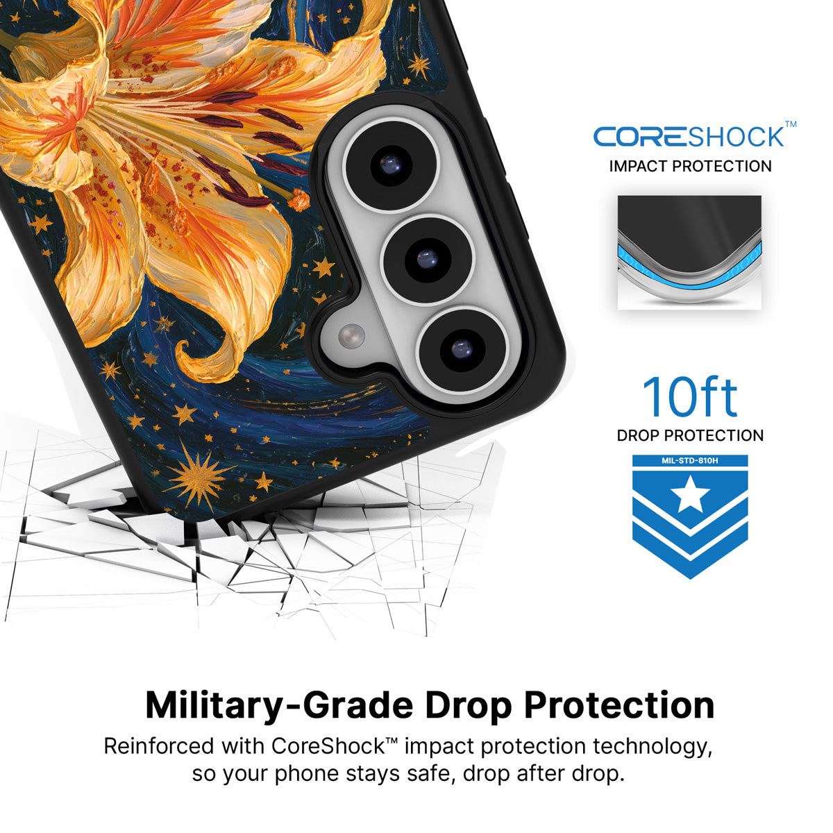 Celestial Bloom Samsung Galaxy S26 Plus case with 10ft military-grade drop protection
