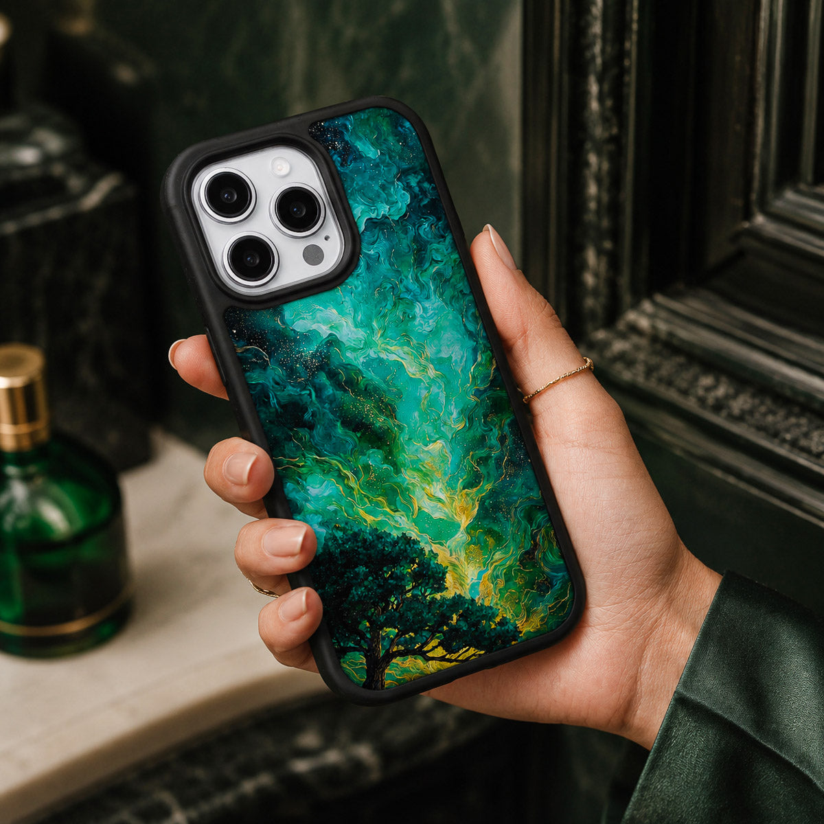 Dark Green Designer iPhone 16 Pro Case – Emerald Storm | MagSafe — view 3