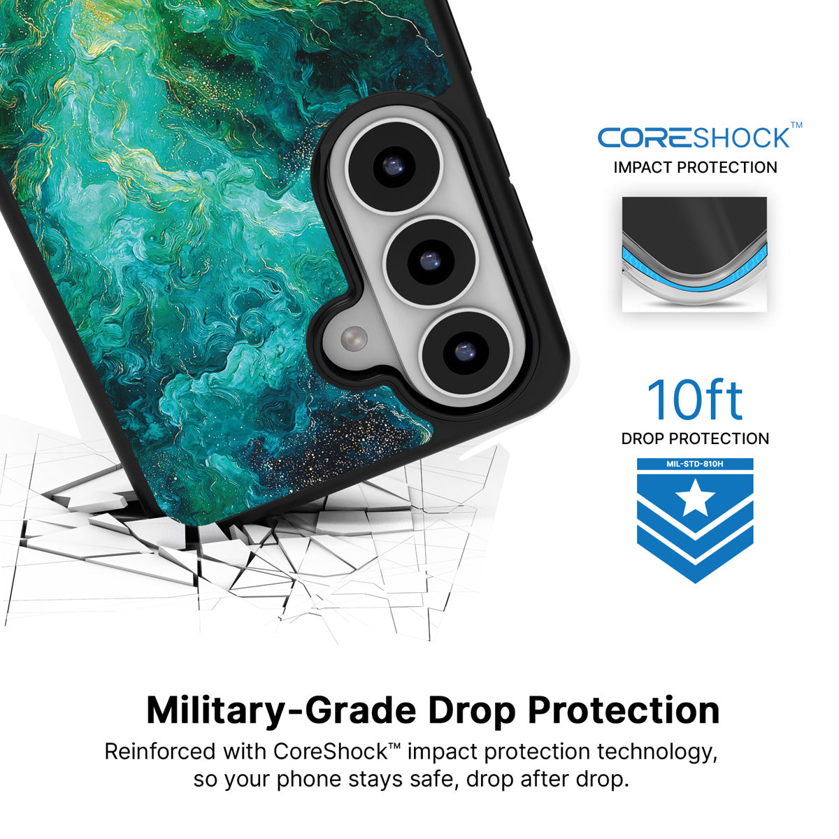 Emerald Storm Samsung Galaxy S26 Plus case with 10ft military-grade drop protection