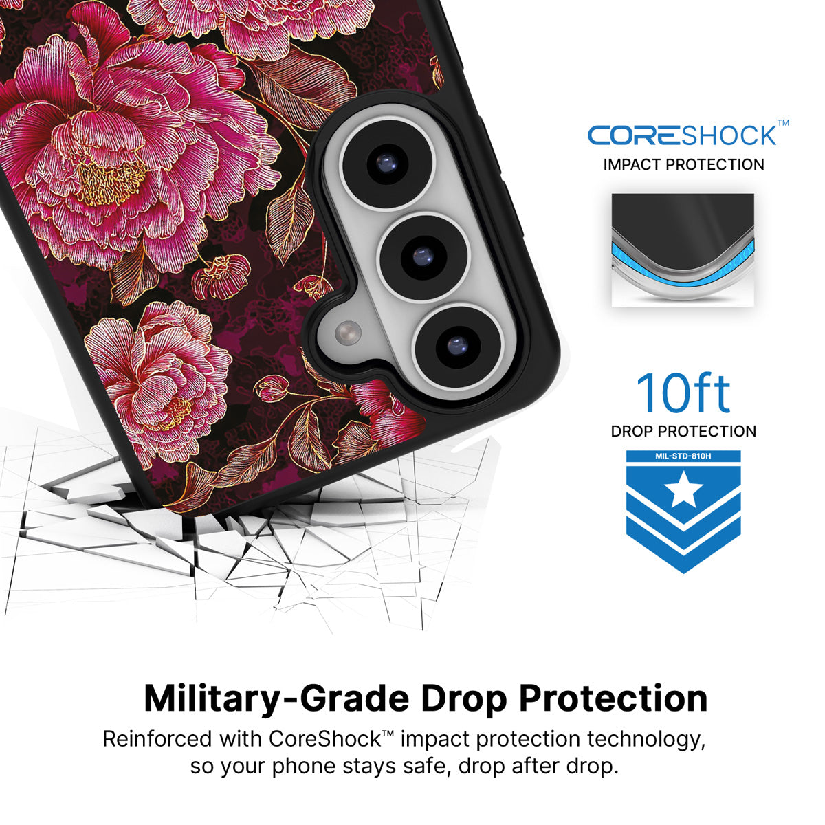 Floral Opulence Samsung Galaxy S26 case with 10ft military-grade drop protection