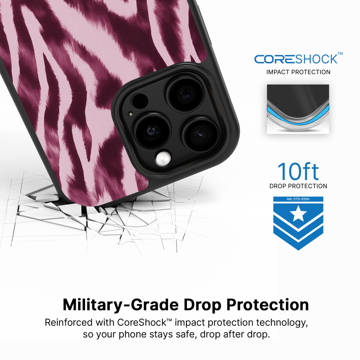 Sangria Zebra iPhone 14 Pro case with drop protection