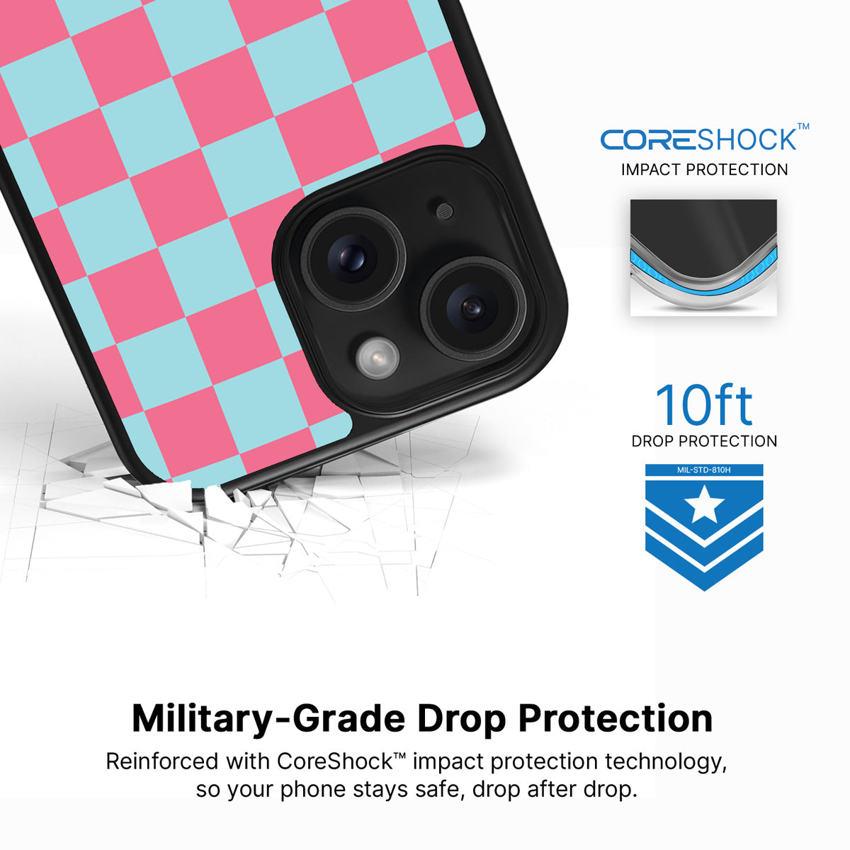 Blue Checkered Designer iPhone 15 Case – Candy Floss | MagSafe