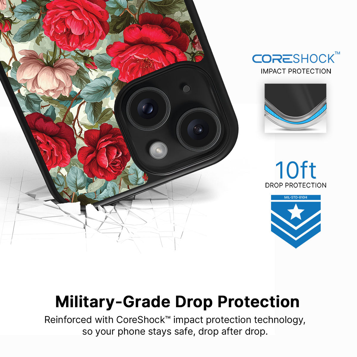 Red Floral Designer iPhone 15 Case – Ruby Roses | MagSafe