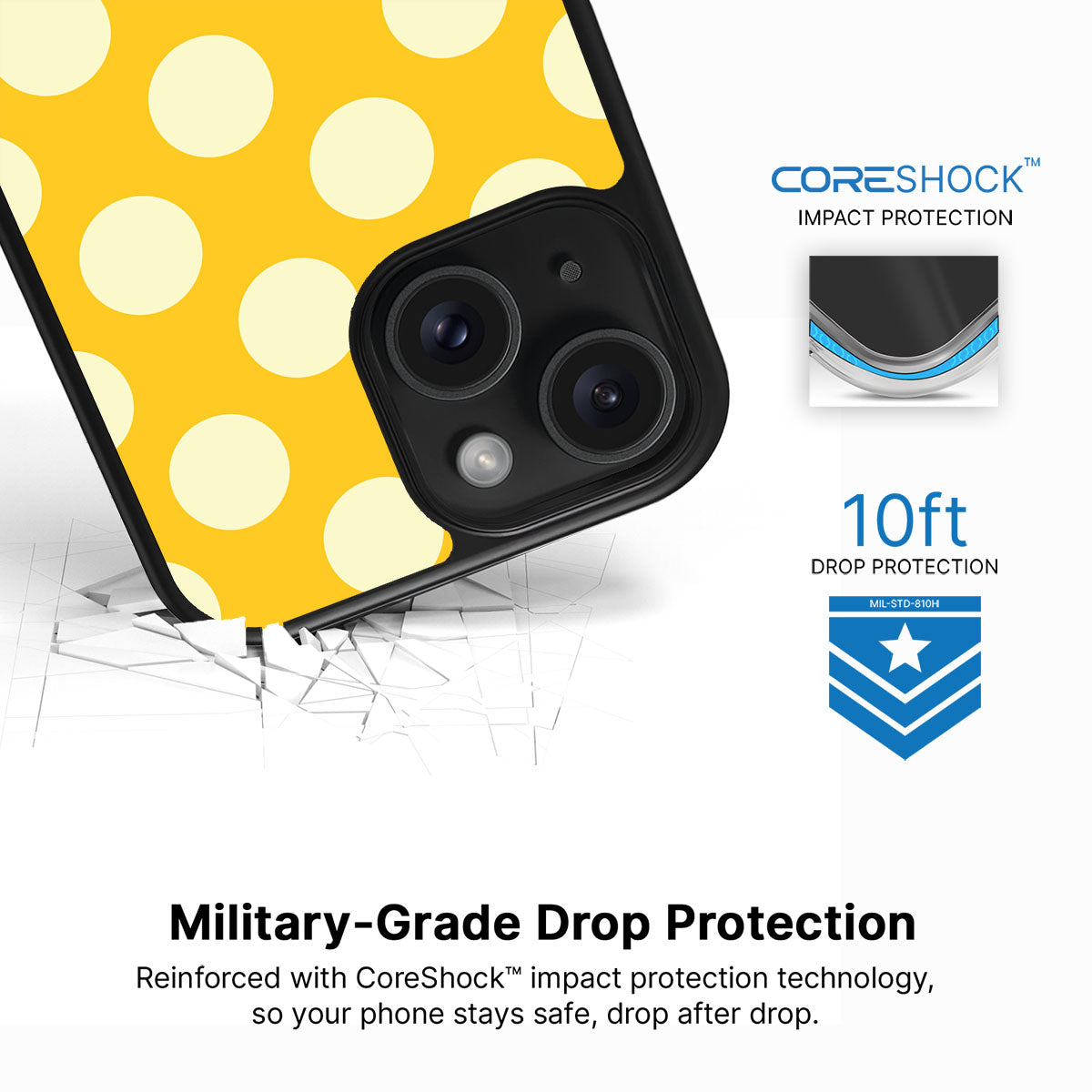 Sunny Dots iPhone 15 case with drop protection