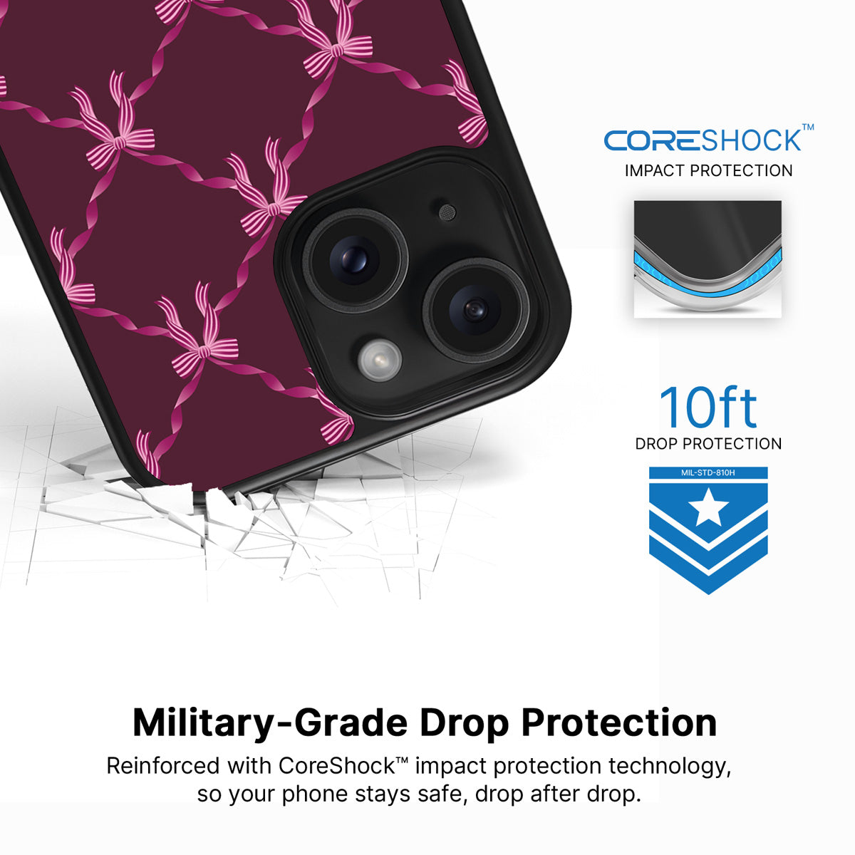 Bordeaux Bow iPhone 15 Plus case with drop protection