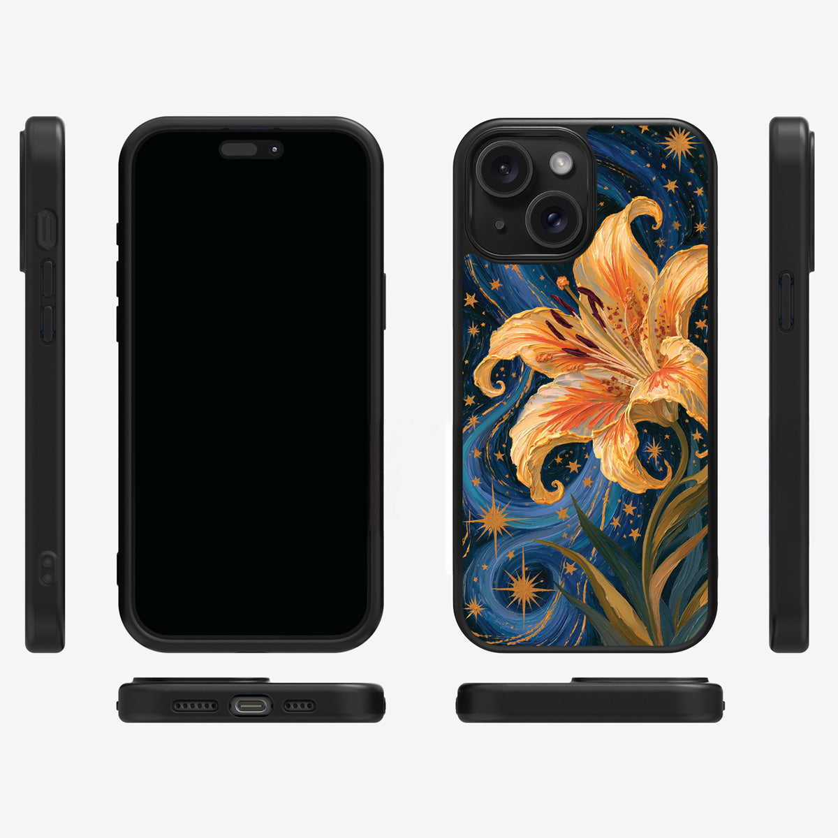 Celestial Bloom iPhone 15 Plus case cover – multi-angle view
