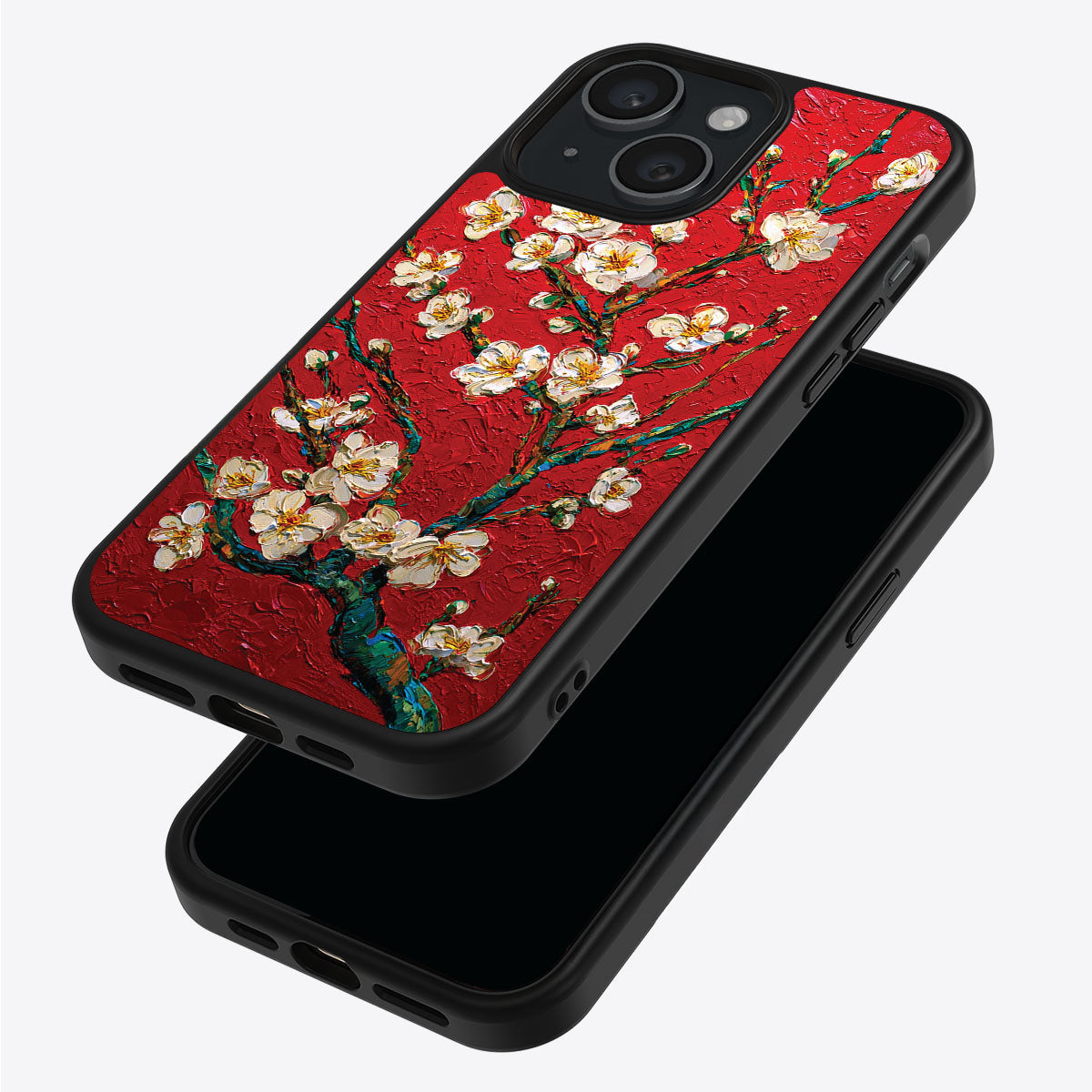 Crimson Blossom iPhone 15 Plus case – back and side view