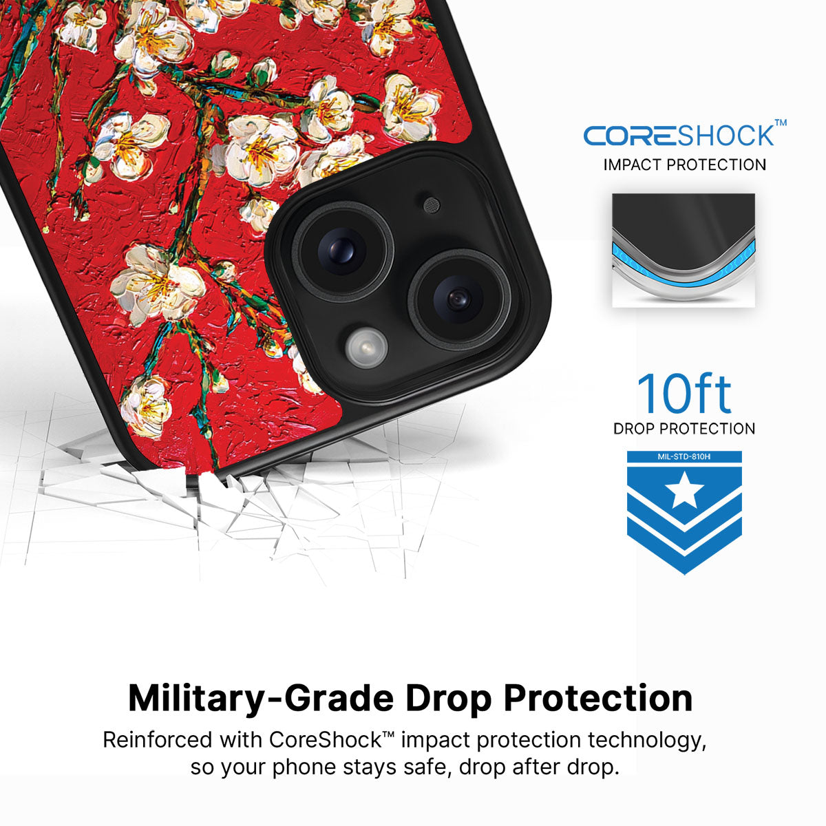 Crimson Blossom iPhone 15 Plus case with drop protection