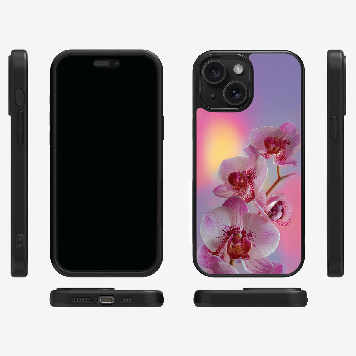 Orchid Dream iPhone 15 Plus case cover – multi-angle view
