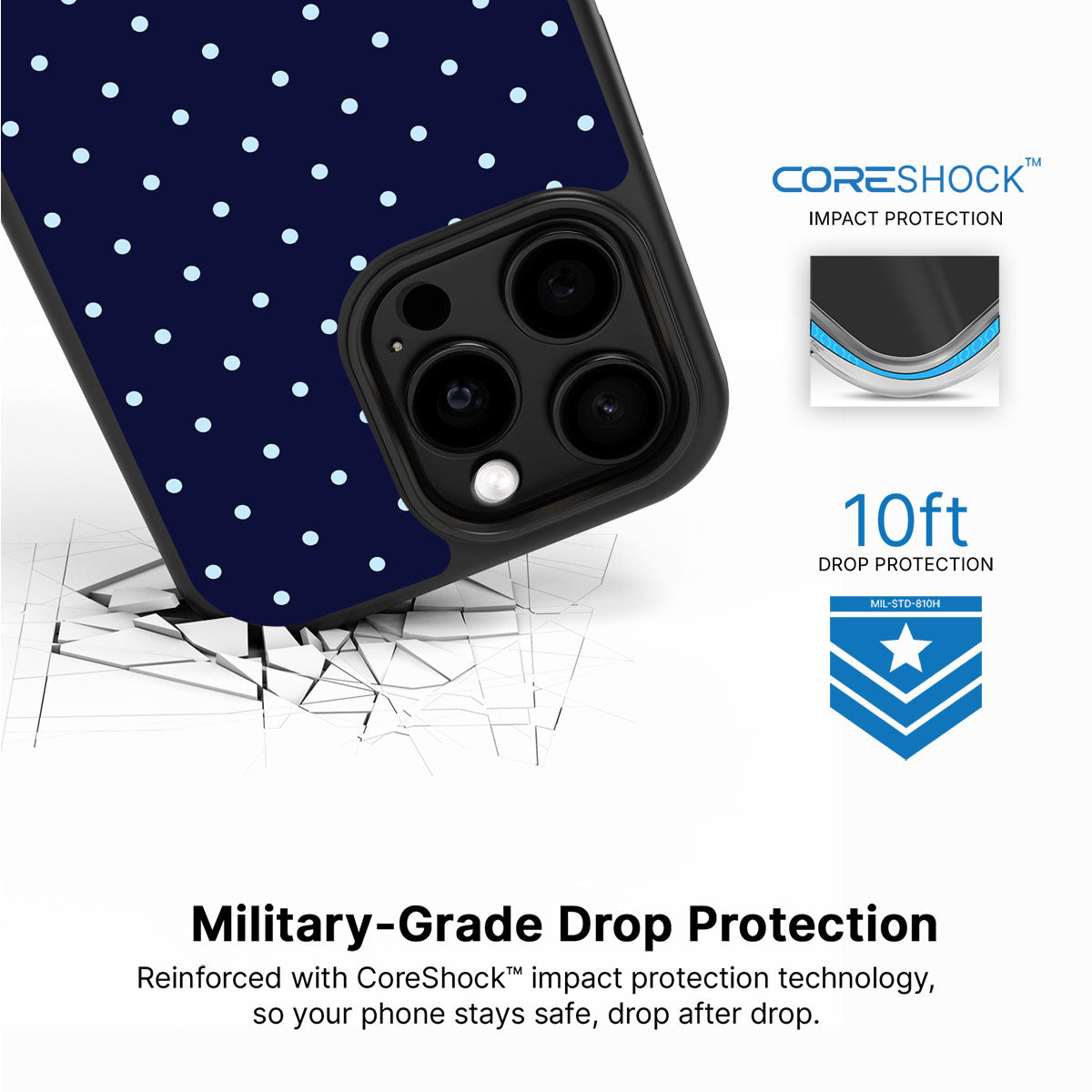 Navy Whisper iPhone 15 Pro case with drop protection