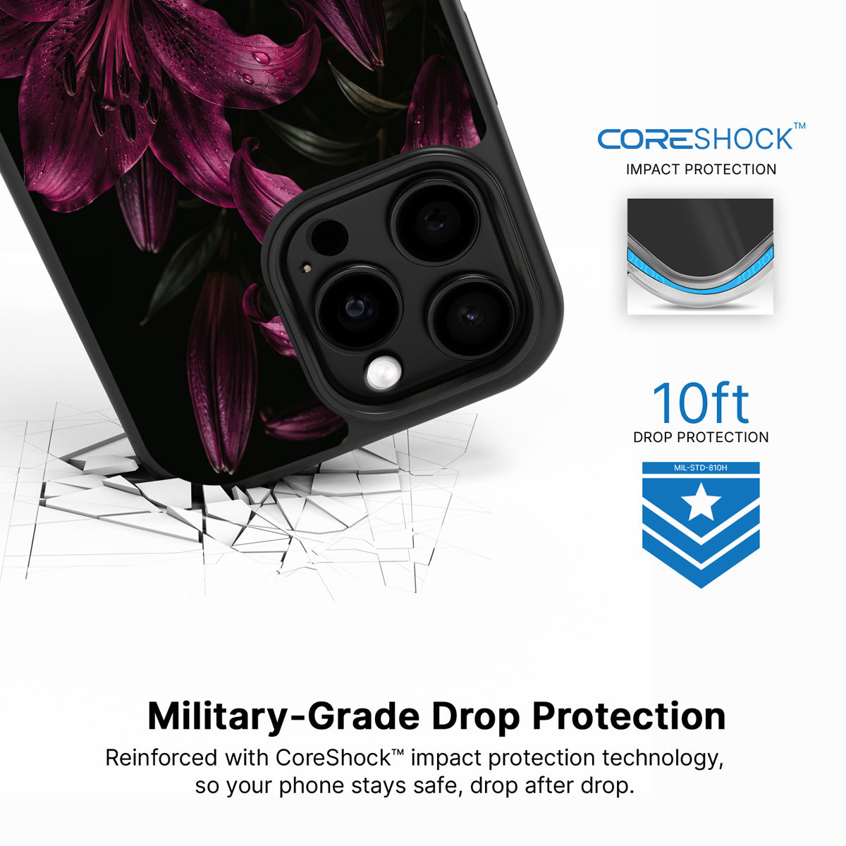 Burgundy Lily iPhone 15 Pro Max case with drop protection