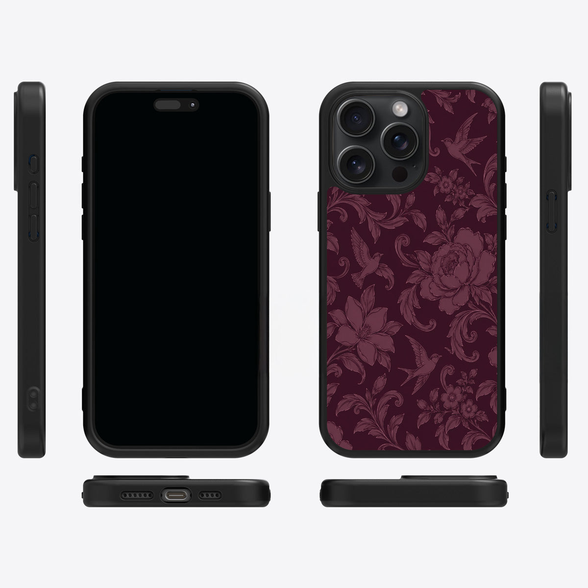 Swallow Damask iPhone 15 Pro Max case cover – multi-angle view