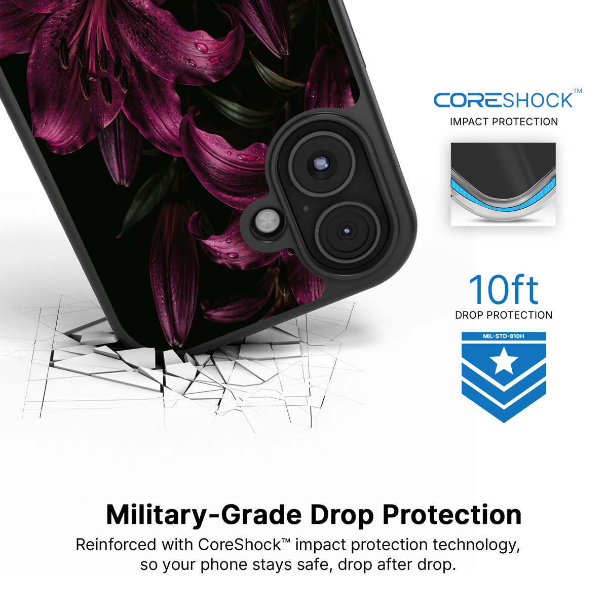 Burgundy Lily iPhone 16 case with drop protection