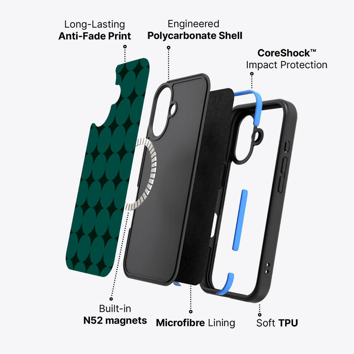 iPhone 16 case construction – Emerald Bed phone case