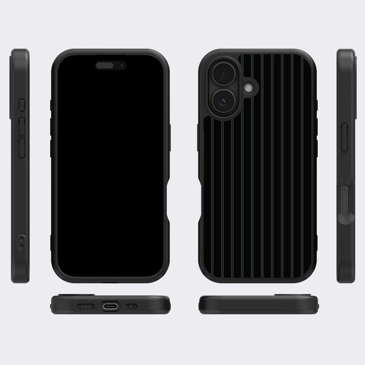Onyx Pinstripe iPhone 16 case cover – multi-angle view