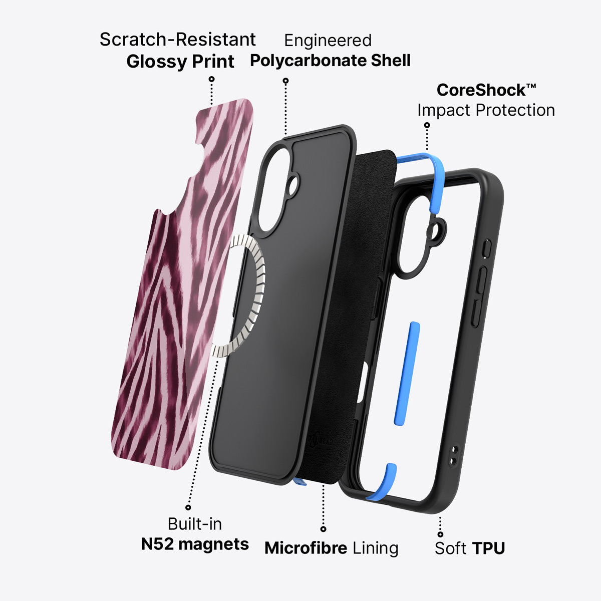 iPhone 16 case construction – Sangria Zebra phone case