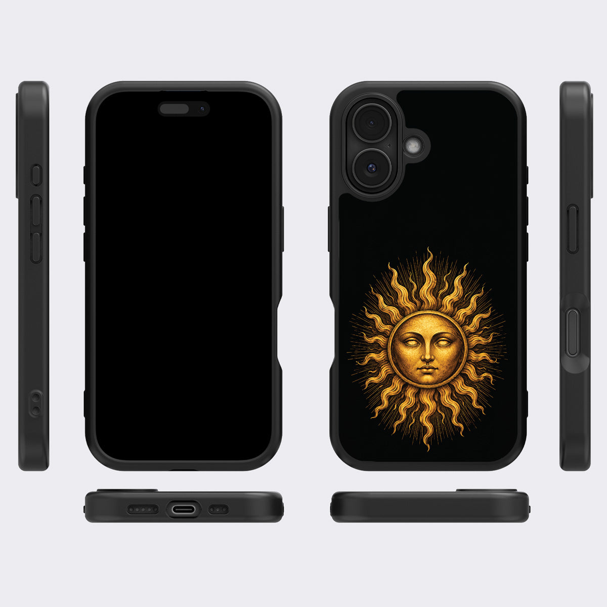 Celestial Sun iPhone 16 Plus case cover – multi-angle view