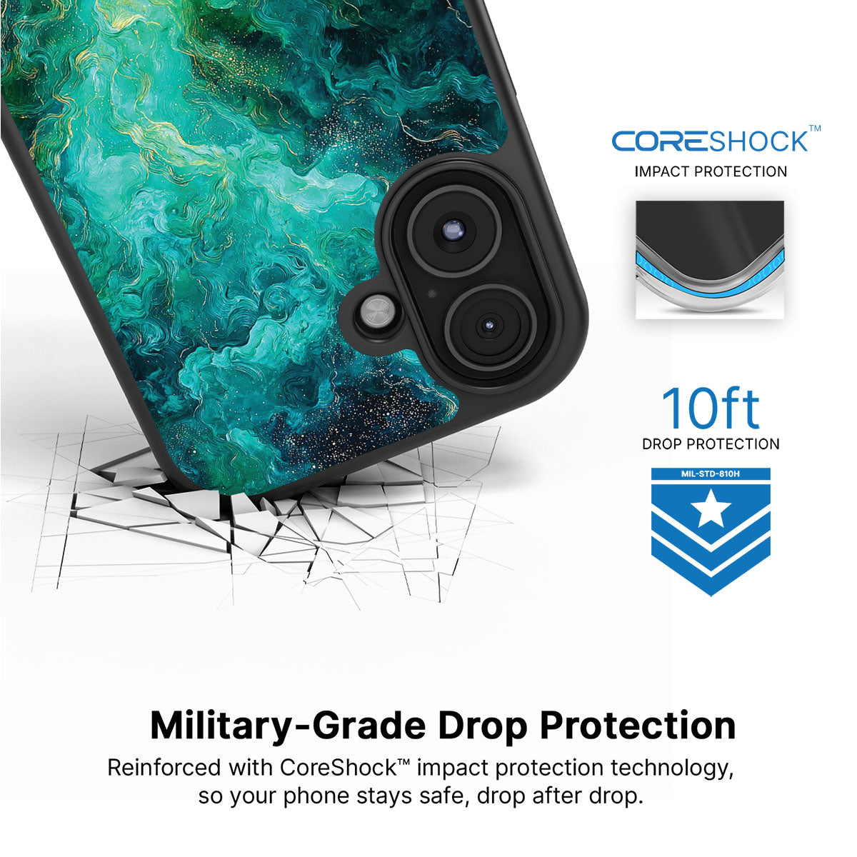 Emerald Storm iPhone 16 Plus case with drop protection