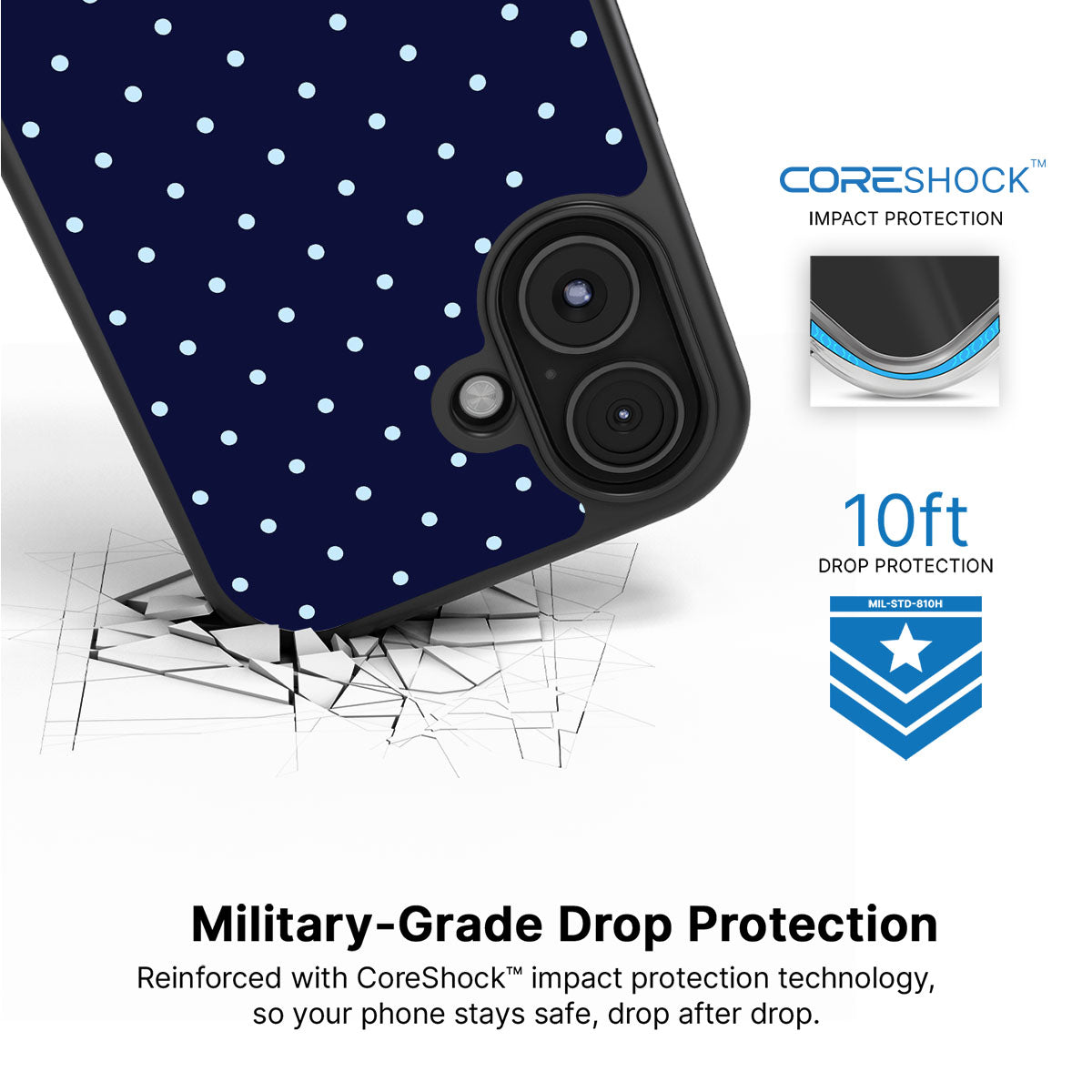 Navy Whisper iPhone 16 Plus case with drop protection