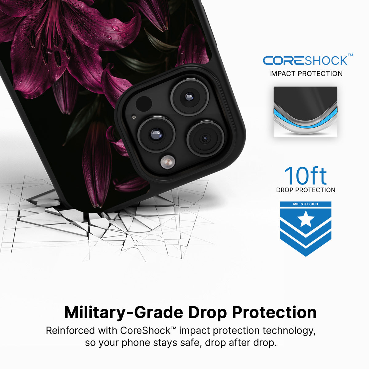 Burgundy Lily iPhone 16 Pro case with drop protection