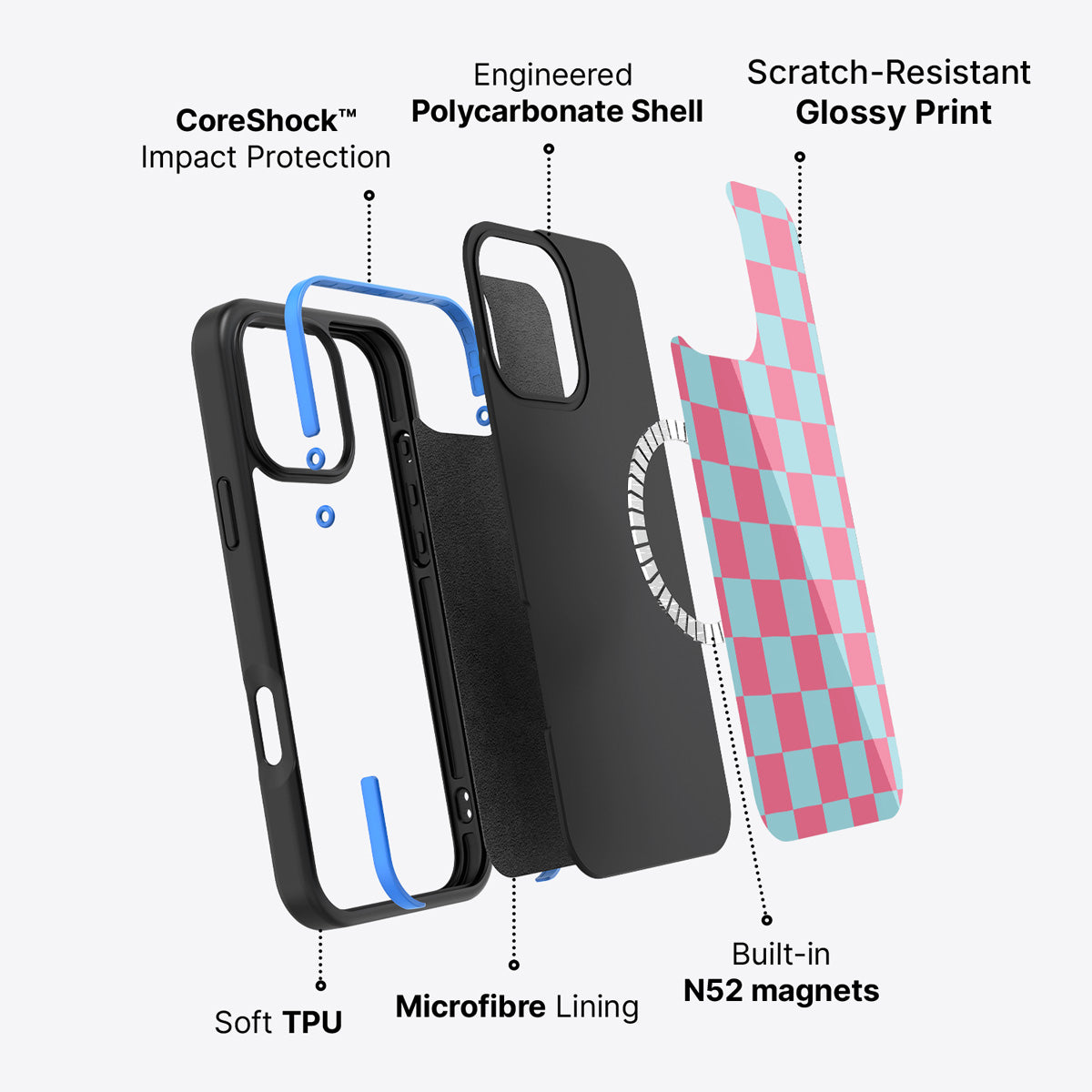 Blue Checkered Designer iPhone 16 Pro Case – Candy Floss | MagSafe