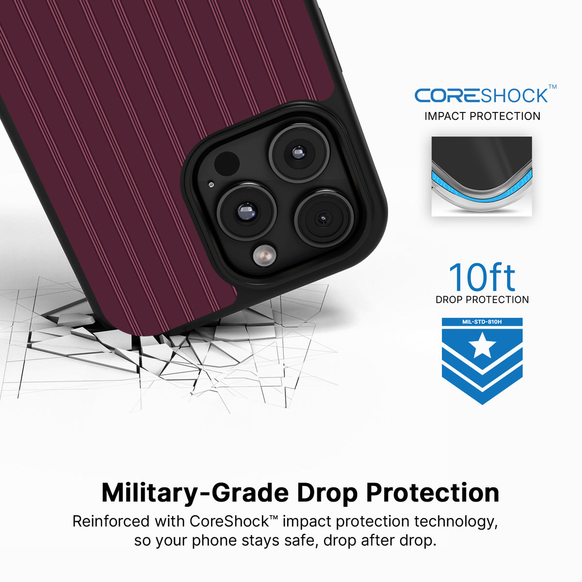 Mulberry Pinstripe iPhone 16 Pro case with drop protection