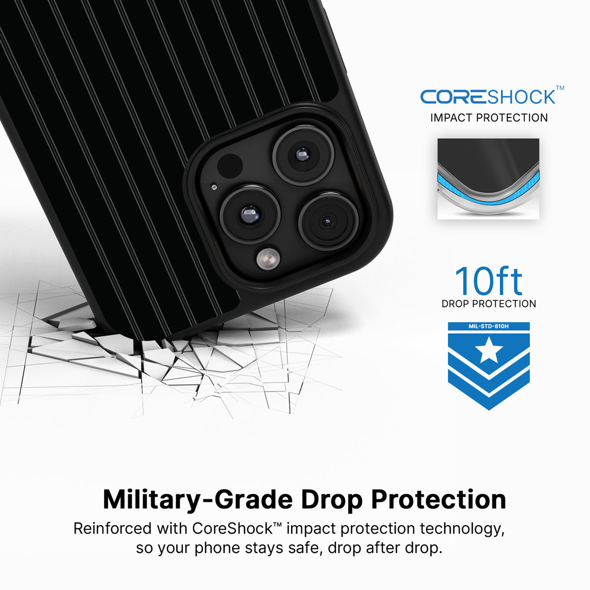 Onyx Pinstripe iPhone 16 Pro case with drop protection