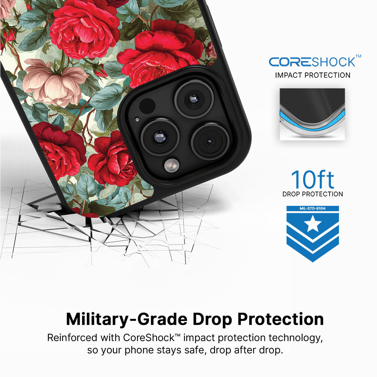 Red Floral Designer iPhone 16 Pro Case – Ruby Roses | MagSafe