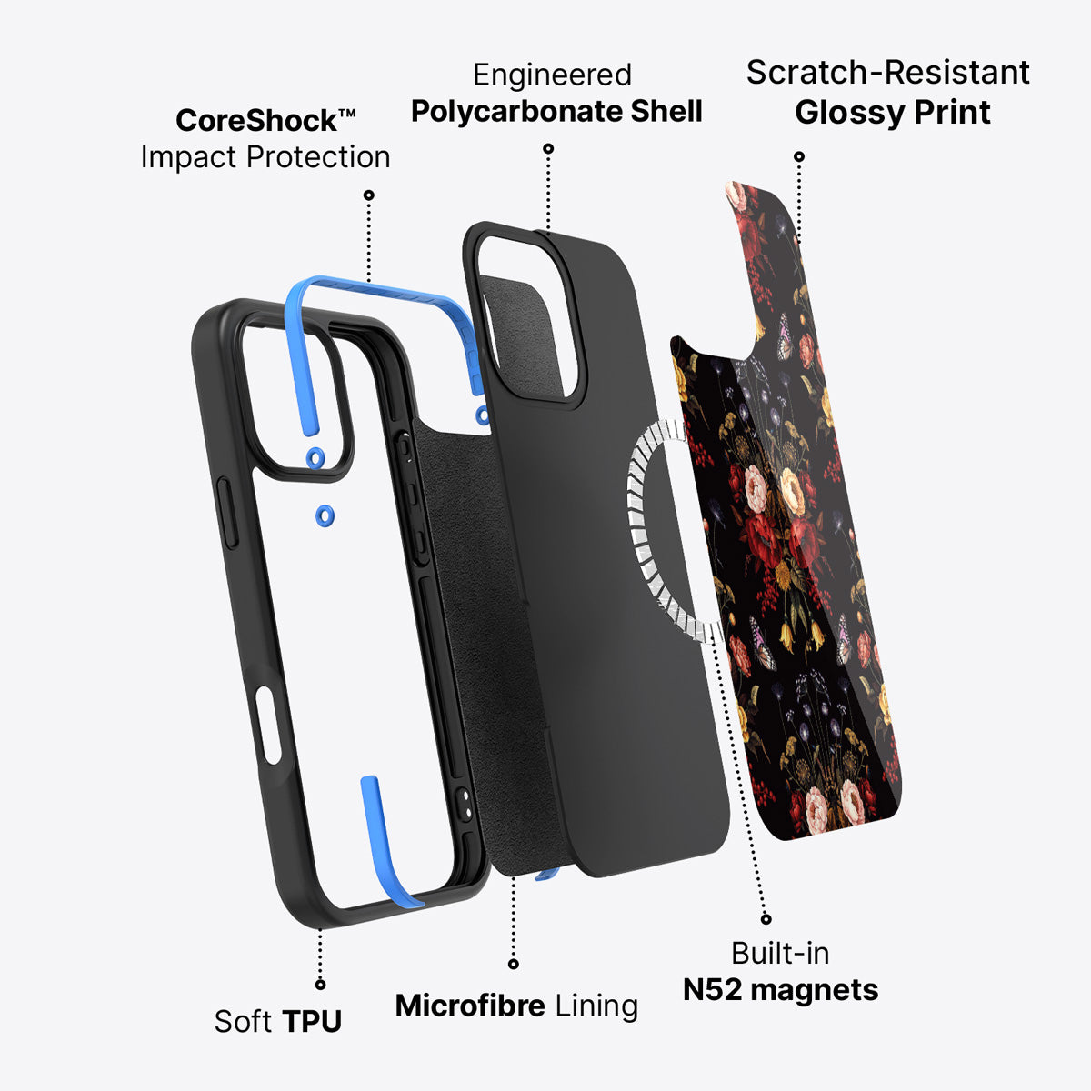 iPhone 16 Pro Max case construction – Kelmscott Bloom phone case