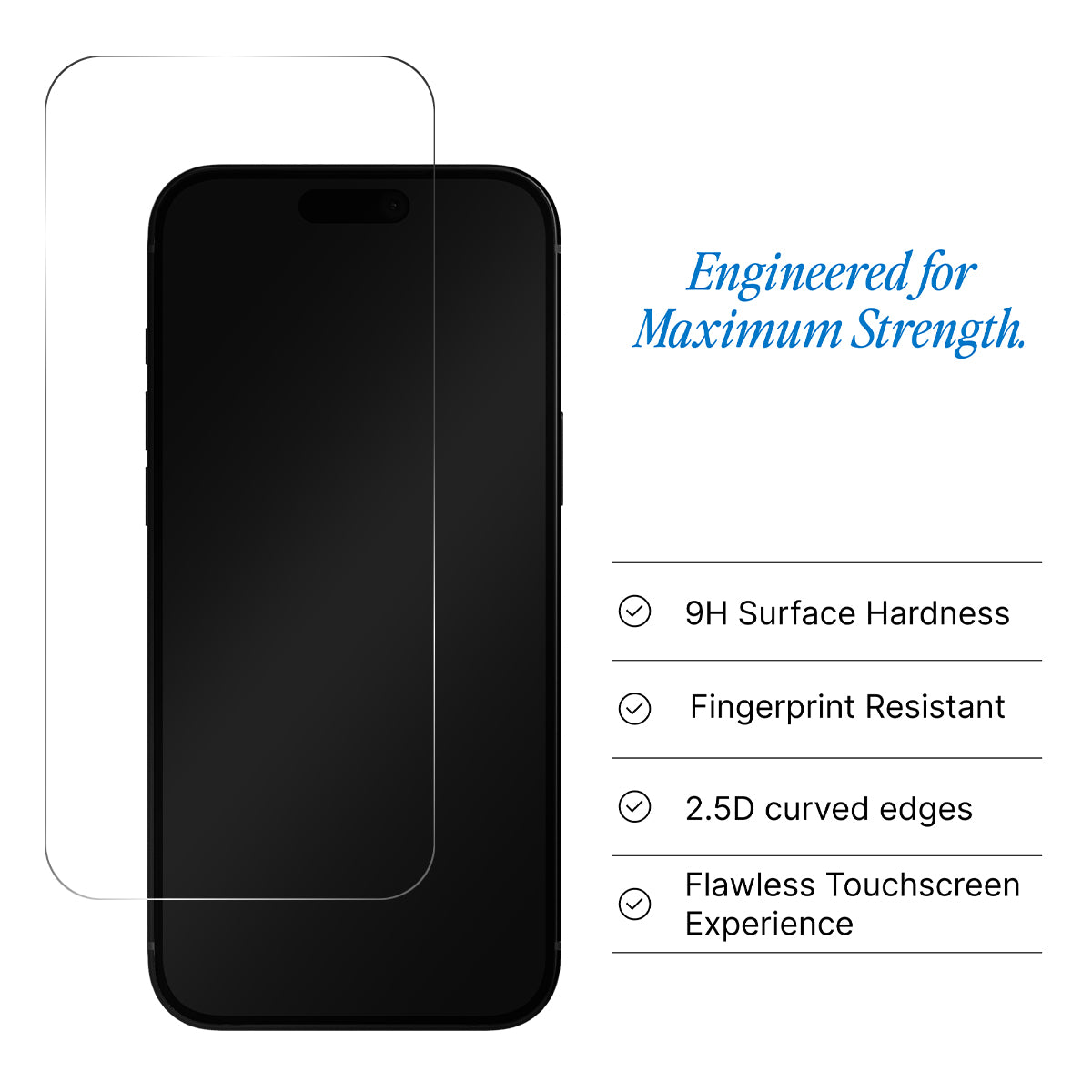 iPhone 16 Pro screen protector features – 9H surface hardness, fingerprint resistant, 2.5D curved edges, flawless touchscreen