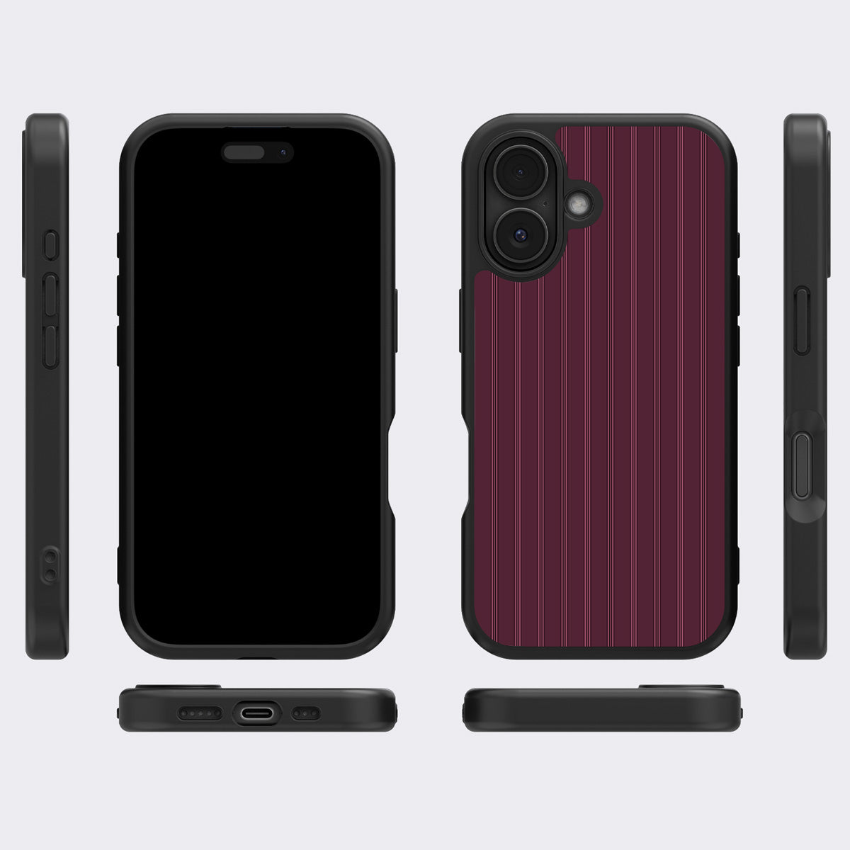 Mulberry Pinstripe iPhone 17 case cover – multi-angle view