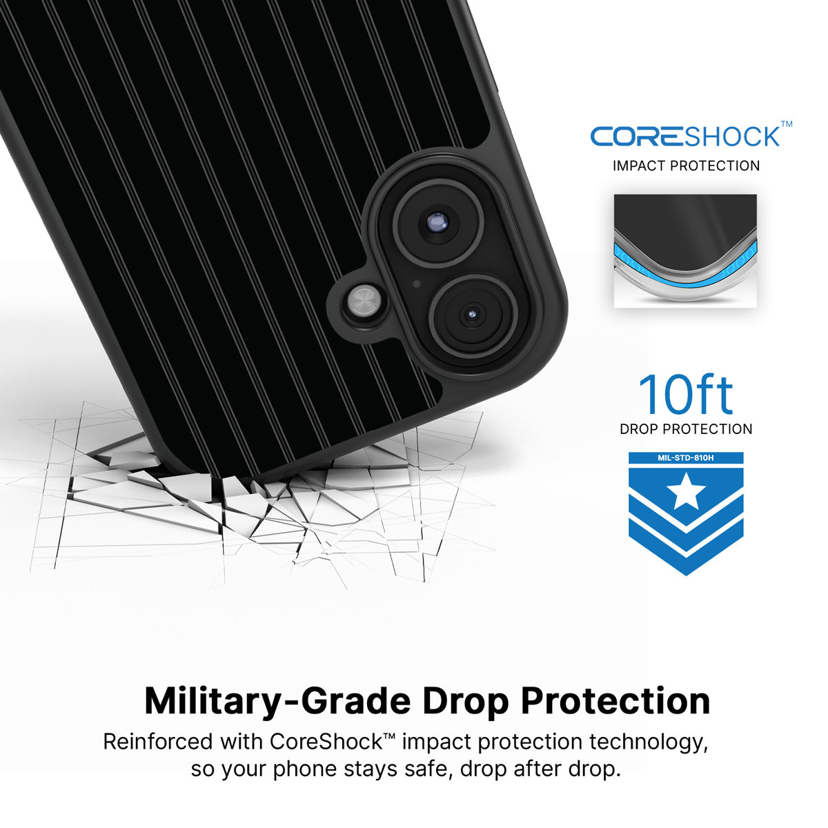Onyx Pinstripe iPhone 17 case with drop protection