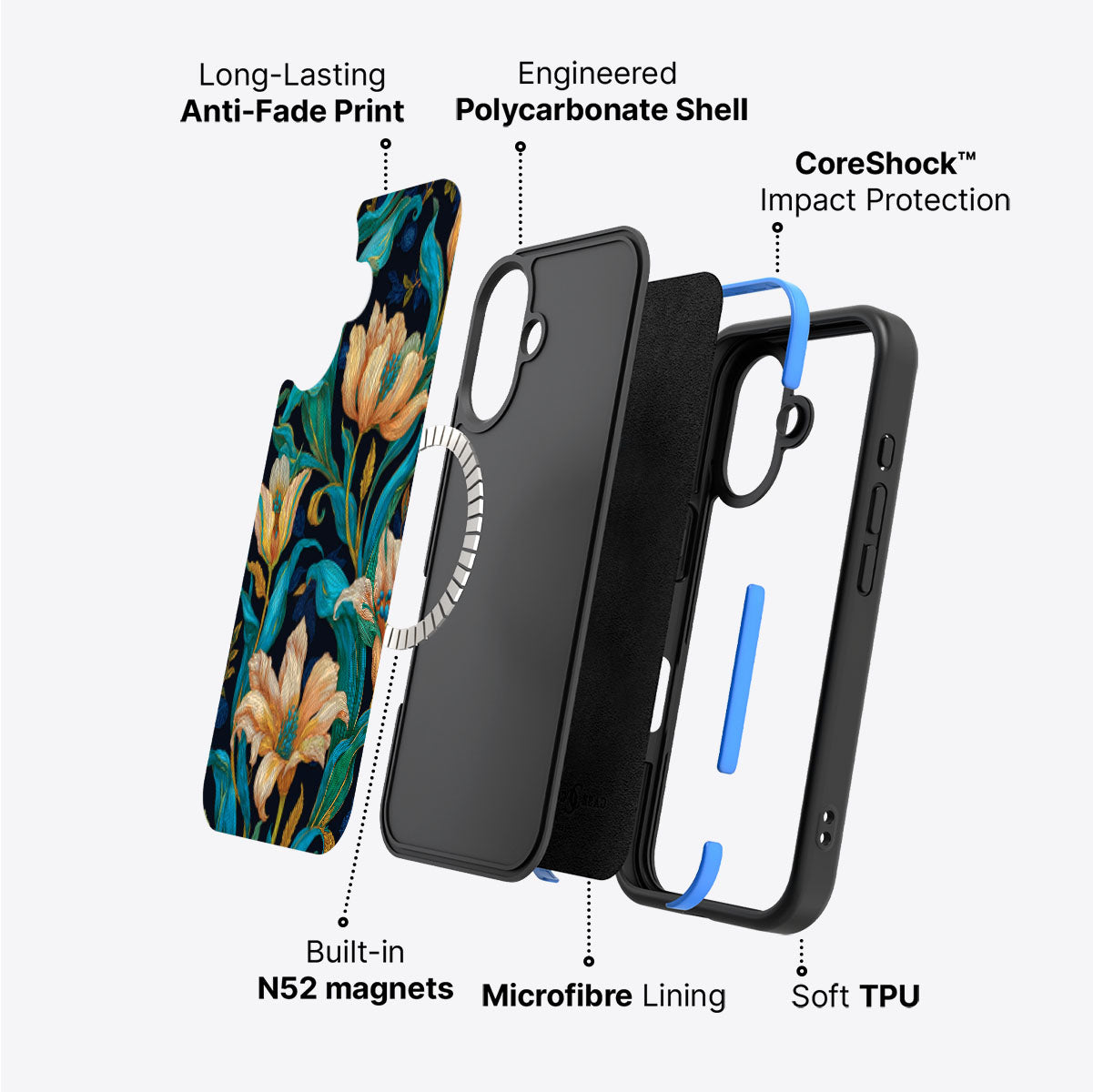 Blue Floral Designer iPhone 17 Case – Tulip Play | MagSafe