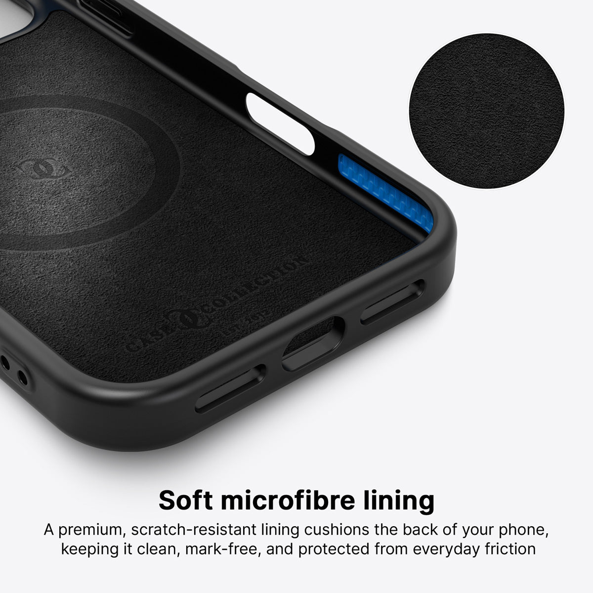 iPhone 17 Pro case interior – Scarlet Hour microfibre lining