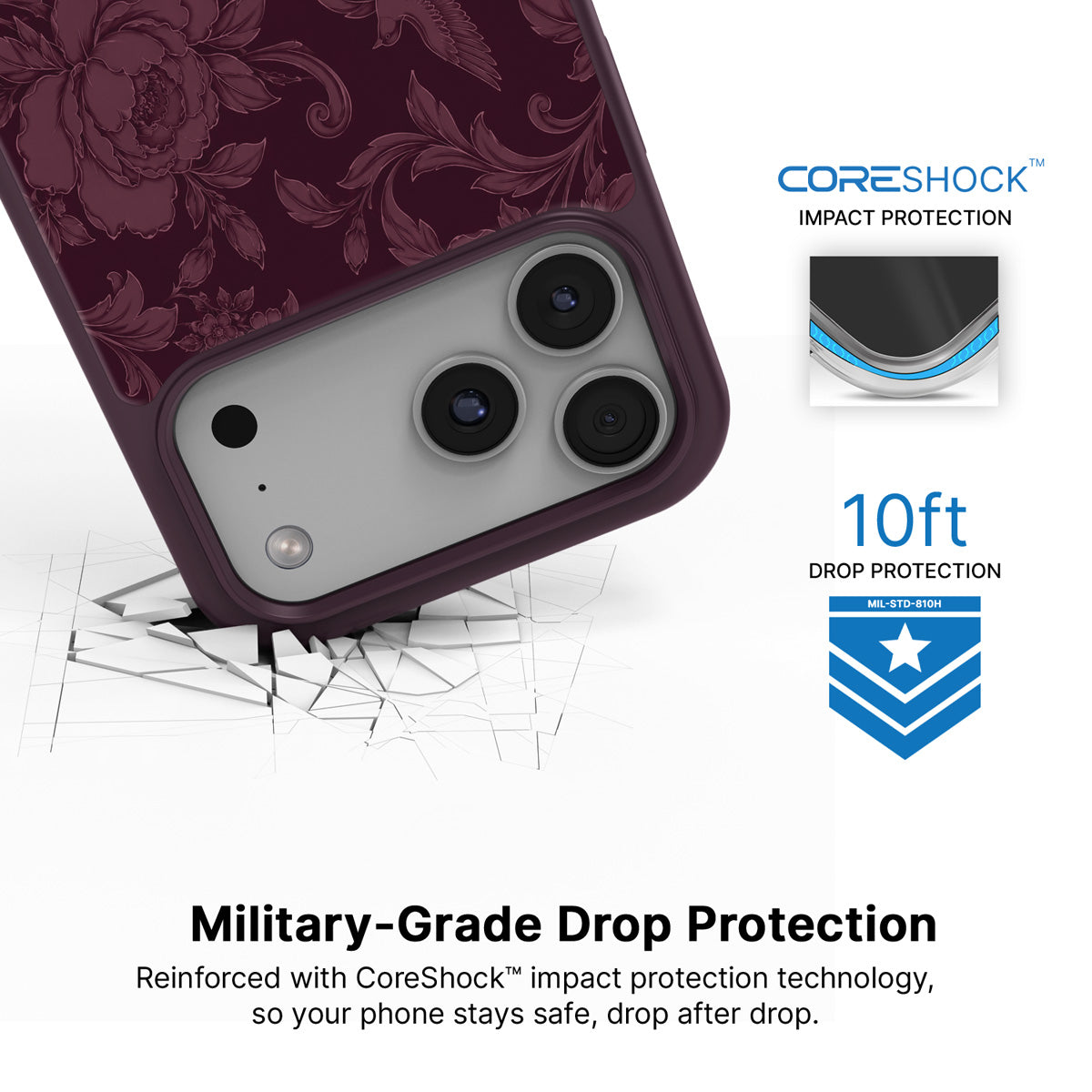 Swallow Damask iPhone 17 Pro case with drop protection