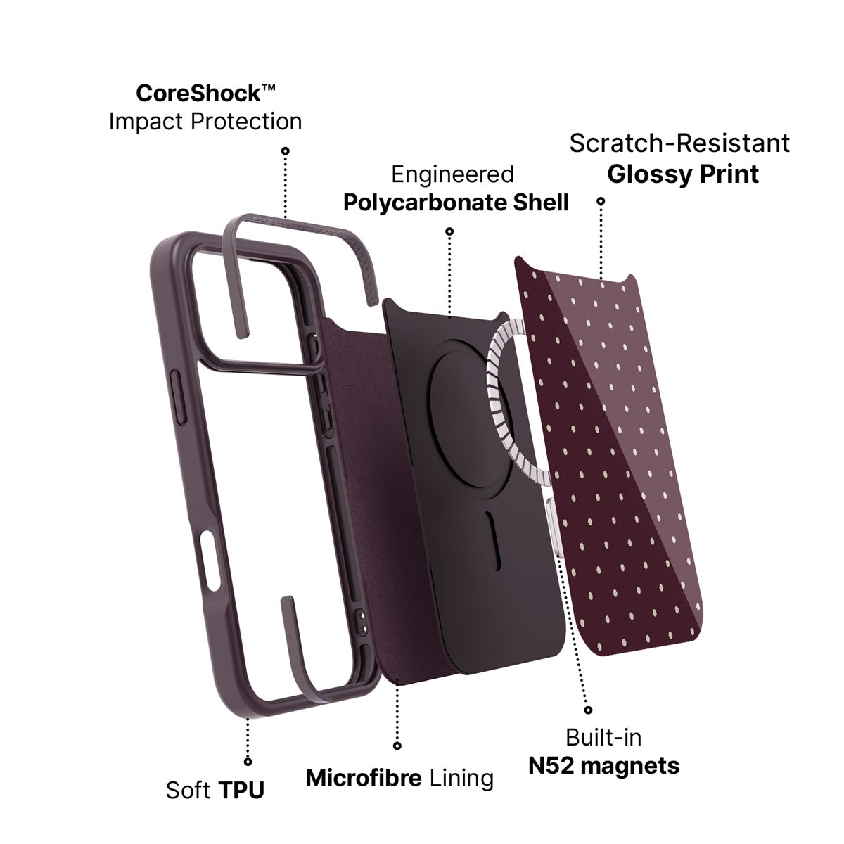 Dark Red Polka Dot iPhone 17 Pro Max Case – Burgundy Bloom | MagSafe