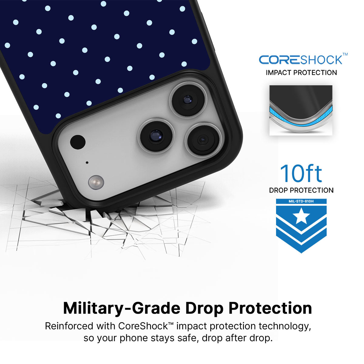 Navy Whisper iPhone 17 Pro Max case with drop protection