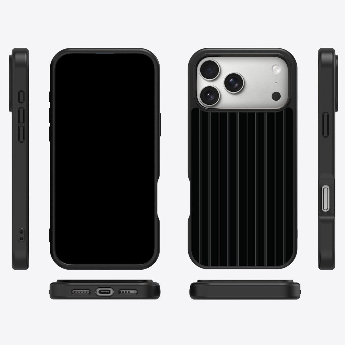 Onyx Pinstripe iPhone 18 Pro case cover – multi-angle view