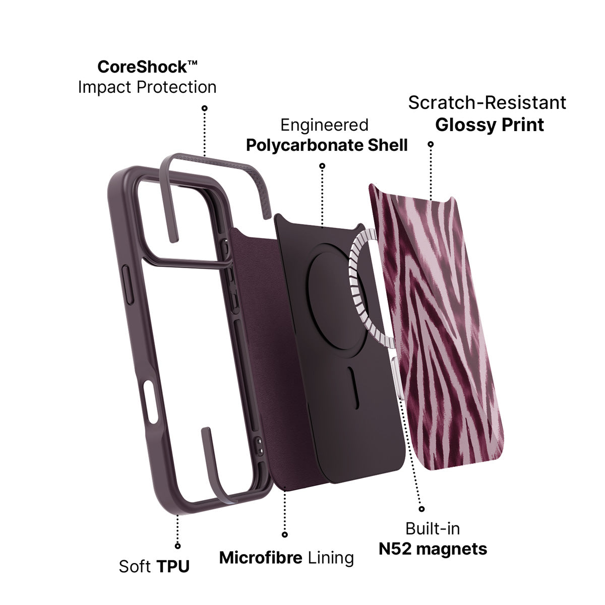 iPhone 18 Pro case construction – Sangria Zebra phone case