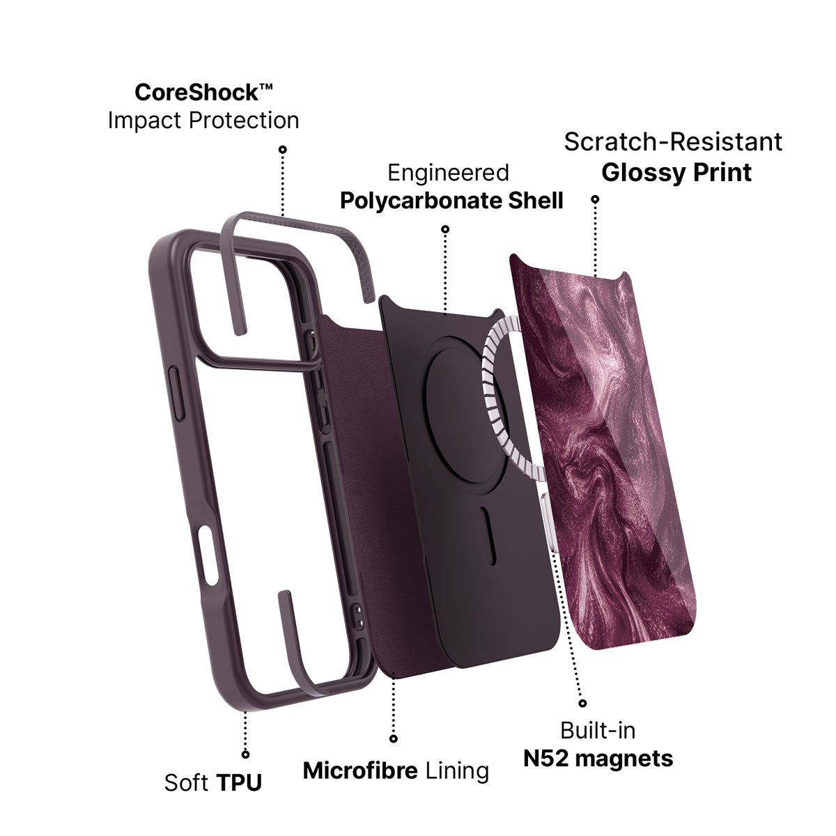 iPhone 18 Pro Max case construction – Wine Shimmer phone case