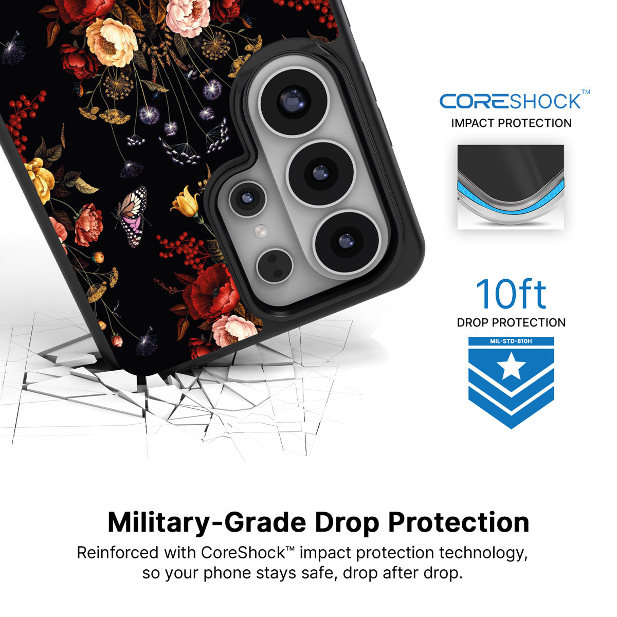 Kelmscott Bloom Samsung Galaxy S26 Ultra case with 10ft military-grade drop protection