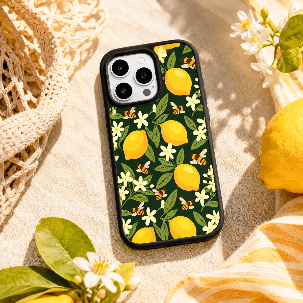 Cute Floral Designer iPhone 15 Plus Case – Lemon and Bees | MagSafe