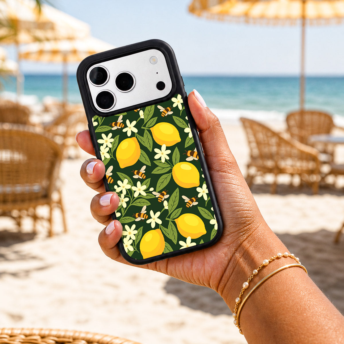 Cute Floral Designer iPhone 18 Pro Max Case – Lemon and Bees | MagSafe