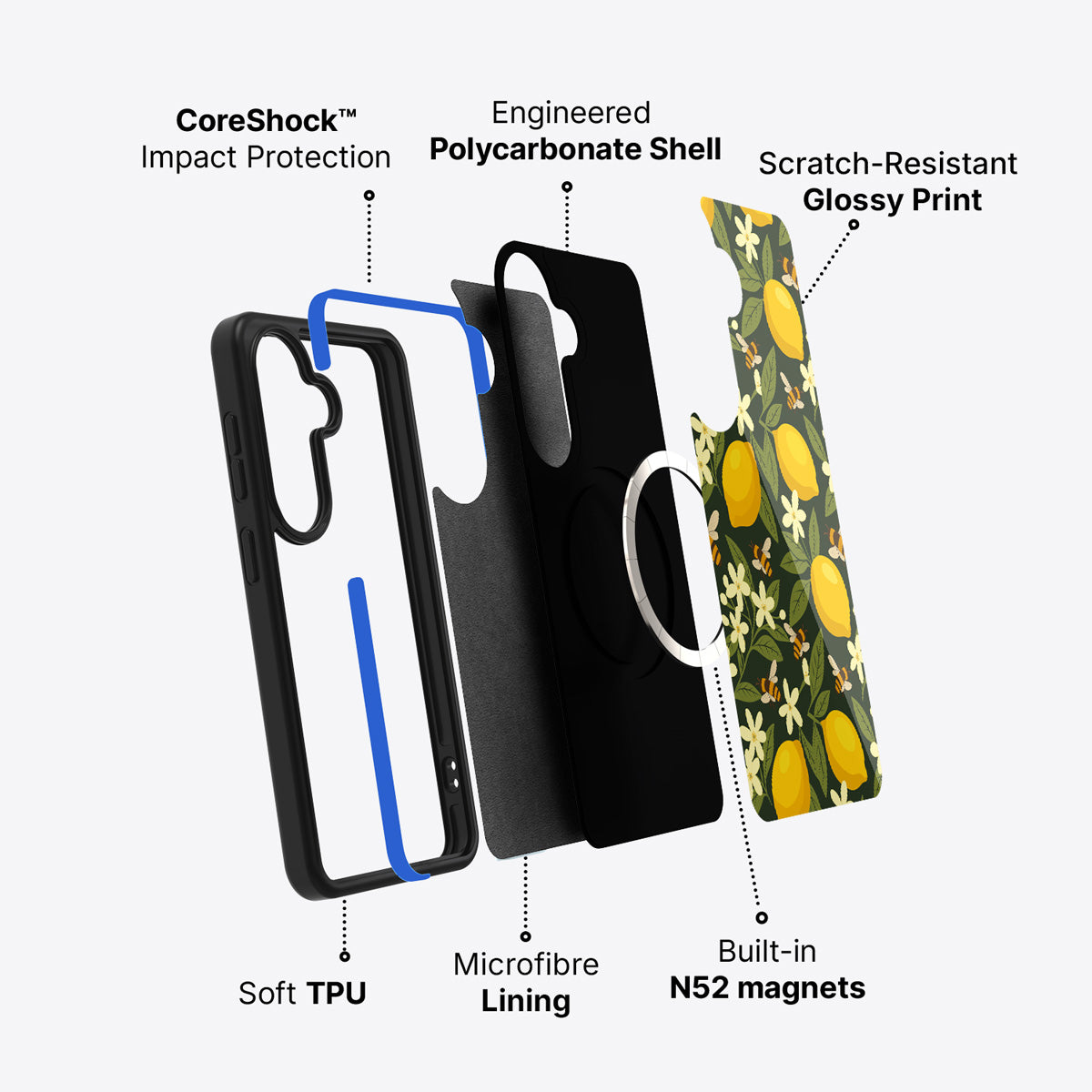 Lemon and Bees Samsung Galaxy S26 case – back and side view