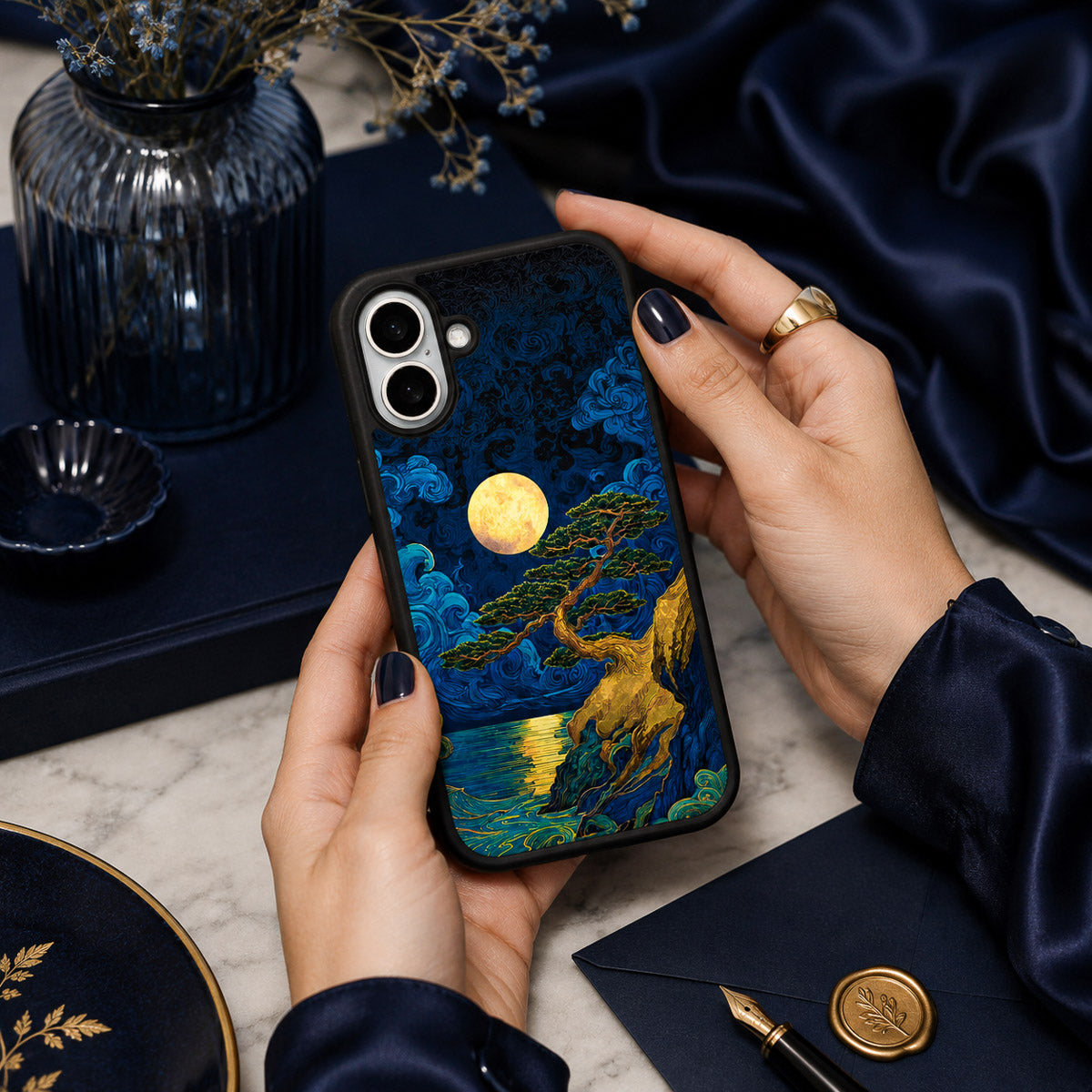 Dark Blue Designer iPhone 16 Case – Moonlit Tide | MagSafe — view 2