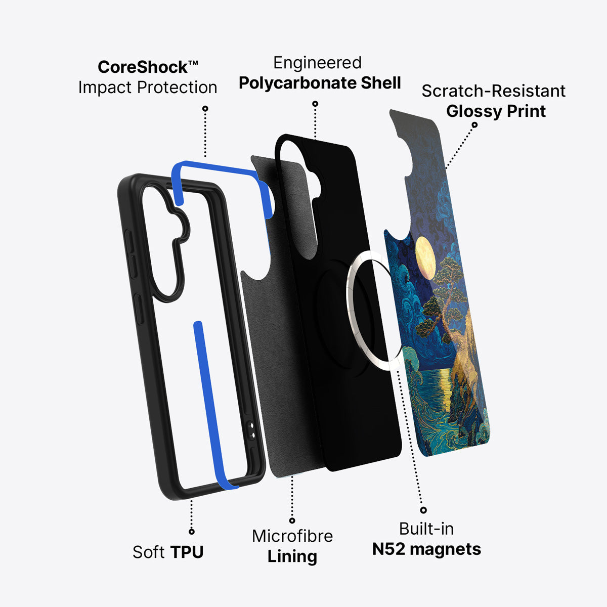 Samsung Galaxy S26 Plus case construction and features – Moonlit Tide phone case